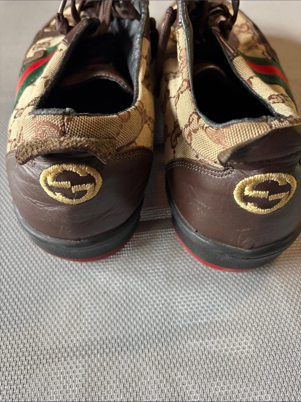 Gucci Brown leather & Beige GG Canvas Sneakers with Green and Red Stripe mns 10
